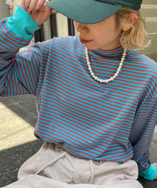 CIAOPANIC(チャオパニック)の「ボーダープチハイネックTEE(Tシャツ/カットソー・レディース・ホワイト/ベージュ/ブルー/オレンジ/ブラウン/グリーン・FREE)」の19枚目の写真