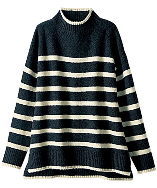 45R ウールリブニットプルオーバー ネイビー ボーダー BELLUNA PLUS（ベルーナ）の「ボーダー柄ニットプルオーバー