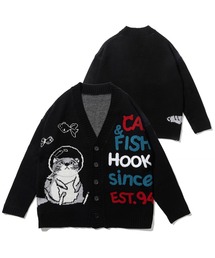 HOOK -original- 激かわ「CAT&FISH」英字刺繍猫イラストカーディガン
