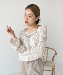 キーネックメッシュニットショートプルオーバー