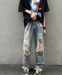 ステッチ&クラッシュダメージストレートデニムパンツ
