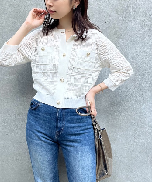 natural couture（ナチュラルクチュール）の「タック×透かしニット6分袖カーディガン（カーディガン/ボレロ・レディース・ピンク/ブルー系その他/ブラウン/ブラック/オフホワイト・FREE）」の3枚目の写真
