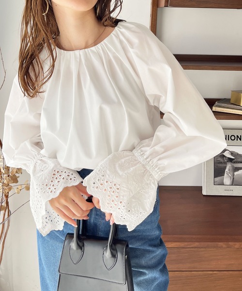 litmus Her Praha ギャザー入りホワイトシャツ 60／－ローン たっぷりギャザーシャツ