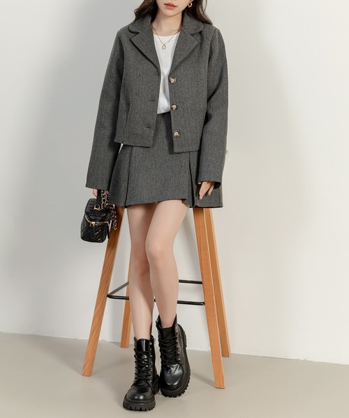 セットアップ】長袖韓国っぽシェブロン柄ジャケット+ショートスカート
