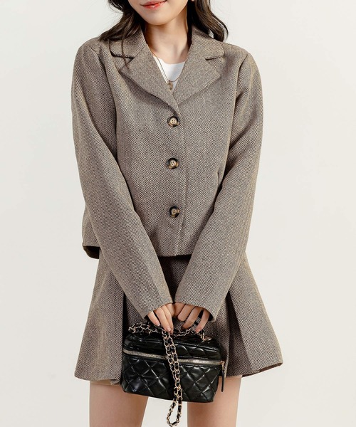 セットアップ】長袖韓国っぽシェブロン柄ジャケット+ショートスカート