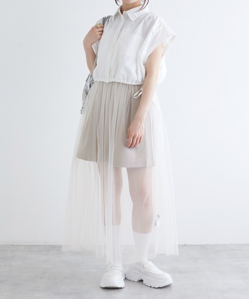 w closet（ダブルクローゼット）の「【SETアイテム】Wポケットシャツ+チュールワンピース（ワンピース・レディース・ブラック/オフホワイト/サックスブルー・FREE）」の2枚目の写真