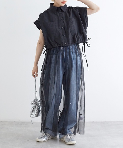 w closet（ダブルクローゼット）の「【SETアイテム】Wポケットシャツ+チュールワンピース（ワンピース・レディース・ブラック/オフホワイト/サックスブルー・FREE）」の3枚目の写真