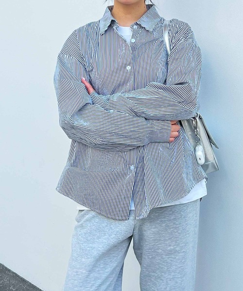 frunco(フランコ)の「ストライプシャツ(シャツ/ブラウス・レディース・グリーン/ピンク/パープル/ネイビー/ブルー/ブラック・FREE)」の22枚目の写真