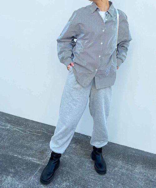 frunco(フランコ)の「ストライプシャツ(シャツ/ブラウス・レディース・グリーン/ピンク/パープル/ネイビー/ブルー/ブラック・FREE)」の9枚目の写真