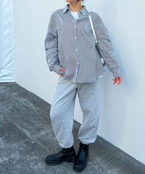 frunco(フランコ)の「ストライプシャツ(シャツ/ブラウス・レディース・グリーン/ピンク/パープル/ネイビー/ブルー/ブラック・FREE)」の7枚目の写真