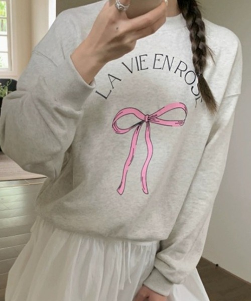 LAFFMO（ラフモ）の「リボンプリントスウェット（スウェット・レディース・ベージュ/グレー/ネイビー・F）」の2枚目の写真