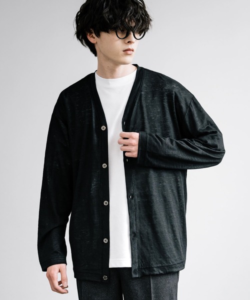 Audience(オーディエンス)の「Upscape Audience アップスケープオーディエンス 日本製 国産PREMIERE LINEN プレミアリネン 天竺 Vネックカーディガン AUD7259(カーディガン/ボレロ・メンズ・ネイビー/オートミール/ブラック/オリーブ・L/M/XL)」の6枚目の写真