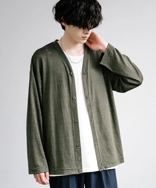 Audience(オーディエンス)の「Upscape Audience アップスケープオーディエンス 日本製 国産PREMIERE LINEN プレミアリネン 天竺 Vネックカーディガン AUD7259(カーディガン/ボレロ・メンズ・ネイビー/オートミール/ブラック/オリーブ・L/M/XL)」の13枚目の写真
