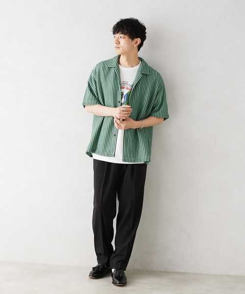 JOURNAL STANDARD relume(ジャーナルスタンダード レリューム)の「ストライプカラーレース半袖シャツ(シャツ/ブラウス・メンズ・アイボリー/モスグリーン・MEDIUM/LARGE)」の4枚目の写真