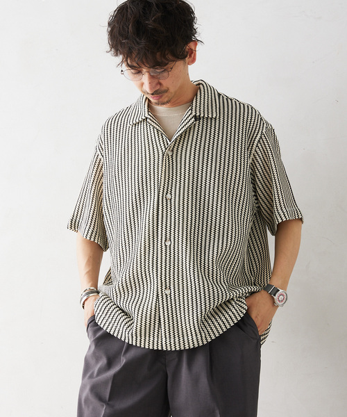 JOURNAL STANDARD relume(ジャーナルスタンダード レリューム)の「ストライプカラーレース半袖シャツ(シャツ/ブラウス・メンズ・アイボリー/モスグリーン・MEDIUM/LARGE)」の8枚目の写真