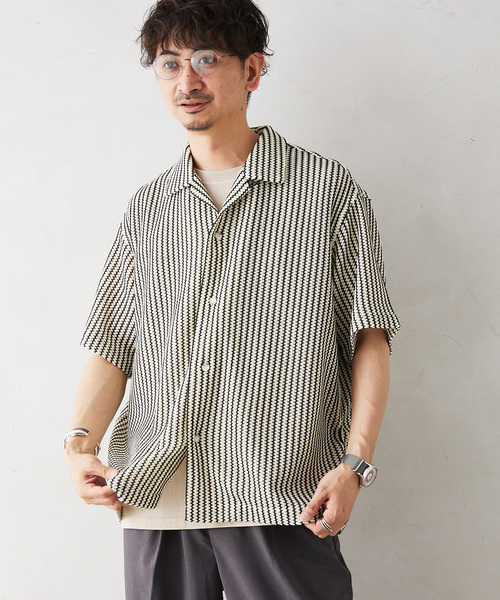 JOURNAL STANDARD relume(ジャーナルスタンダード レリューム)の「ストライプカラーレース半袖シャツ(シャツ/ブラウス・メンズ・アイボリー/モスグリーン・MEDIUM/LARGE)」の9枚目の写真