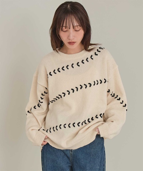 miette(ミエット)の「アシンメトリーステッチオーバーサイズニット(ニット/セーター・レディース・ピンク/アイボリー/ブラック/イエロー・FREE)」の2枚目の写真