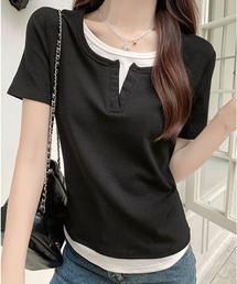 キーネックレイヤード風Tシャツ