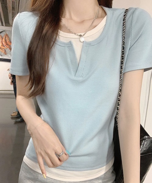 deux amour(ドゥーザムール)の「キーネックレイヤード風Tシャツ(Tシャツ/カットソー・レディース・ブルー/グレー/ブラック・FREE)」の16枚目の写真