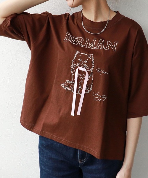 Three Four Time(スリーフォータイム)の「BIRMAN CAT(Tシャツ/カットソー・レディース・ブラック/アイボリー/ブラウン・FREE)」の1枚目の写真