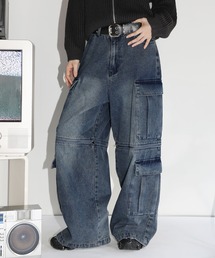 12oz オーバーサイズワイドバギーストレート 2wayメタルZIPカーゴデニムパンツ