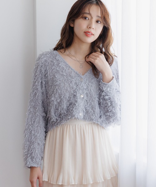 mysty woman(ミスティウーマン)の「フラッフィーVネックロングスリーブニット 232601(カーディガン/ボレロ・レディース・グレイッシュブルー/アイボリー/ブラック・FREE)」の1枚目の写真