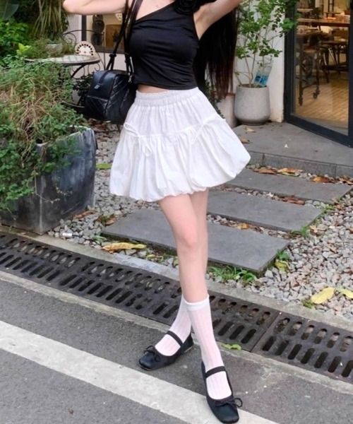 Chloe　リボン付きベージュスカート デコレーションリボンメッシュタックフレアスカート