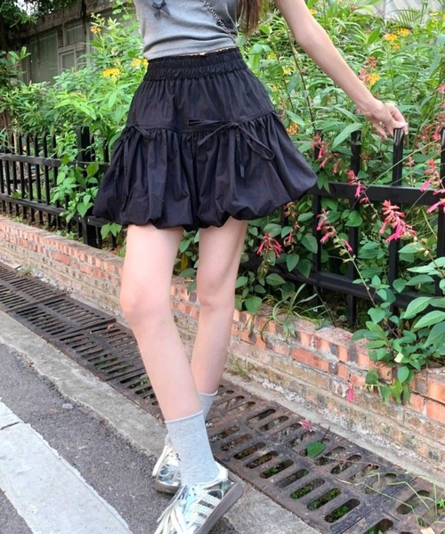 セール】【CANVAS+】リボンギャザーミニバルーンスカート（スカート
