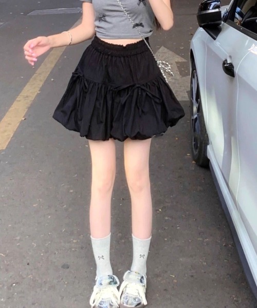 セール】【CANVAS+】リボンギャザーミニバルーンスカート（スカート