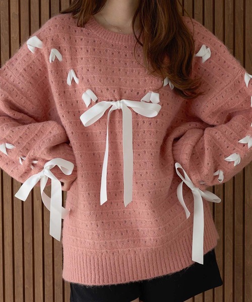 美品　ルネ　Rene ニットトップス　リボン　レース　ピンク 01_001.jpg