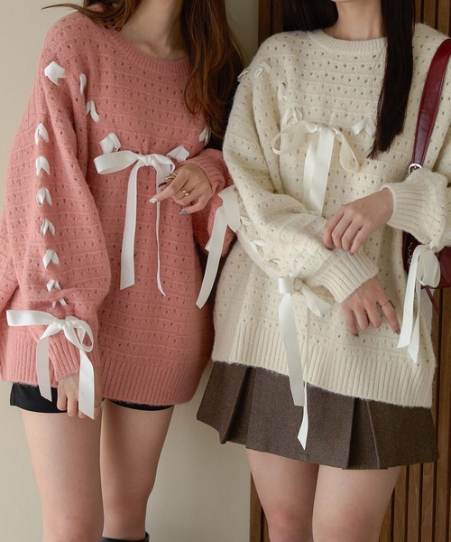 Ambre Neige(アンブルネージュ)の「lace up ribbon knit / レースアップリボンニット(ニット/セーター・レディース・オレンジ/ピンク/アイボリー・FREE)」の18枚目の写真