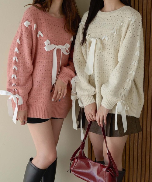ニット/セーター i _am_closet  ribbon  knit Ambre Neige（アンブルネージュ）の「lace up ribbon knit / レース