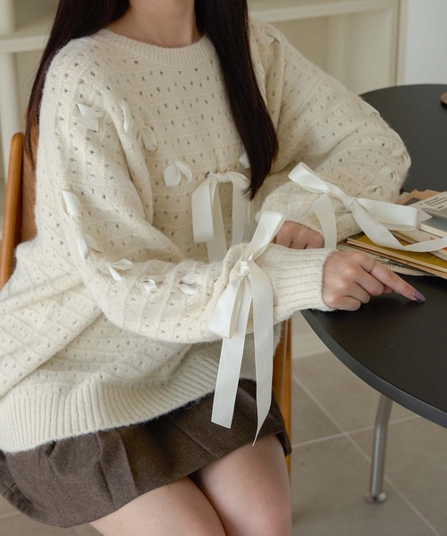 Ambre Neige(アンブルネージュ)の「lace up ribbon knit / レースアップリボンニット(ニット/セーター・レディース・オレンジ/ピンク/アイボリー・FREE)」の15枚目の写真