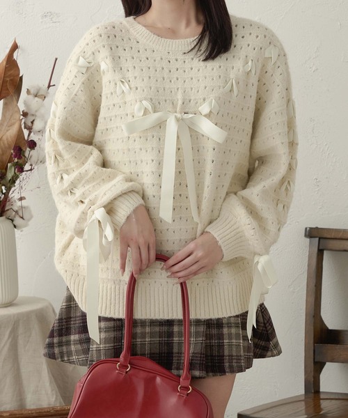 Ambre Neige(アンブルネージュ)の「lace up ribbon knit / レースアップリボンニット(ニット/セーター・レディース・オレンジ/ピンク/アイボリー・FREE)」の5枚目の写真
