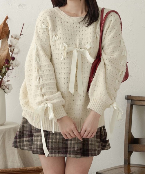 美品　ルネ　Rene ニットトップス　リボン　レース　ピンク 20251007160127354_0ld8qkgmj6vq