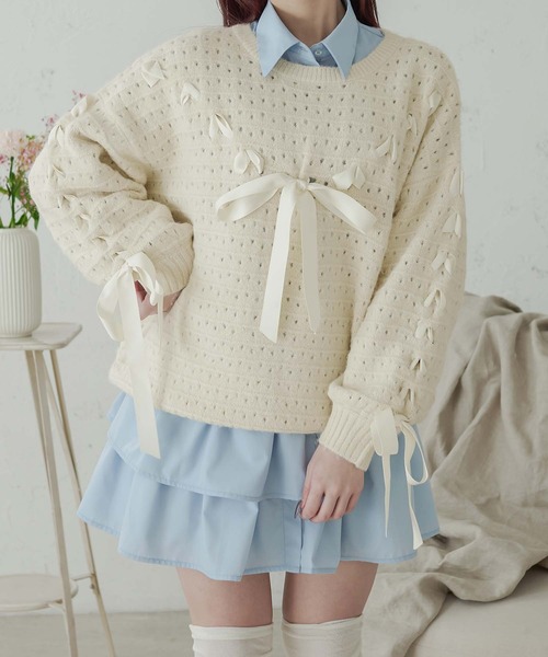 Ambre Neige(アンブルネージュ)の「lace up ribbon knit / レースアップリボンニット(ニット/セーター・レディース・オレンジ/ピンク/アイボリー・FREE)」の8枚目の写真