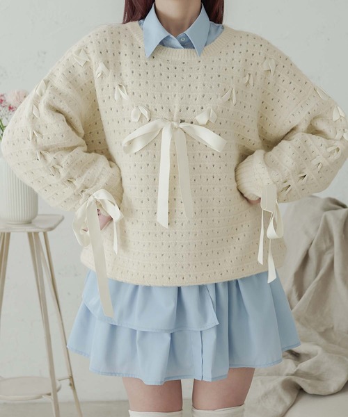 Ambre Neige（アンブルネージュ）の「lace up ribbon knit / レース