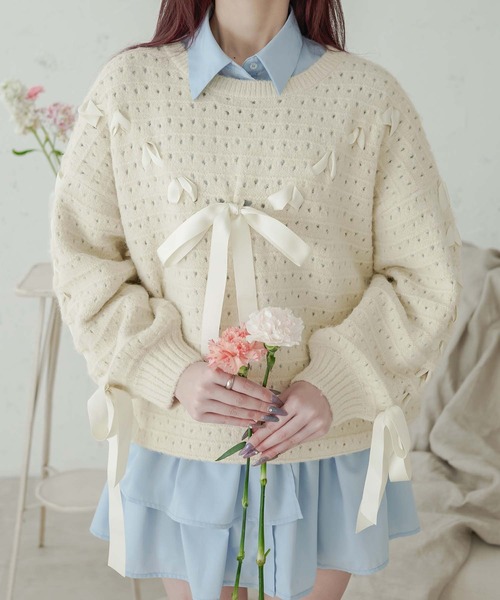 ニット/セーター i _am_closet  ribbon  knit ハンドニッティングケーブルリボンニット/Hand-knitted Cable Ribbon K