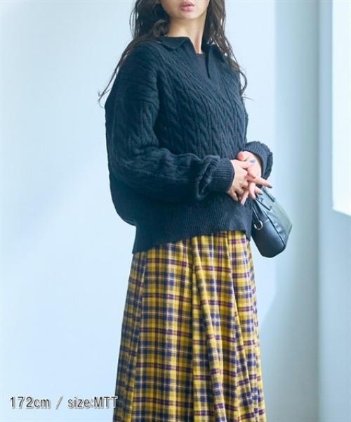 ニット セーター トールサイズ レディース 高身長 スキッパー衿ケーブル編 プルオーバー Essenave 冬  制服 オフィス 産前 産後 LL/3L/4L/5L ニッセン nissen セール】高身長 スキッパー衿ケーブル編ニットプルオーバー