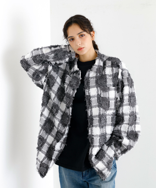 Revo.(レボ)の「【Revo./レボ】リラックスフィットフリンジチェックシャツ/ユニセックス/TH-3857(シャツ/ブラウス・メンズ・ブラック/ホワイト/ネイビー・M/L)」の7枚目の写真