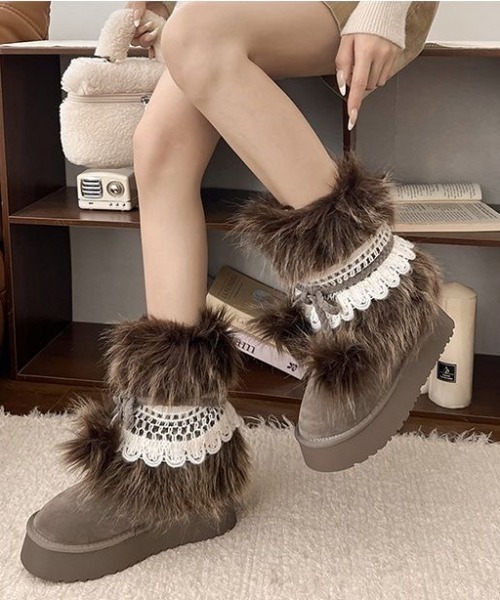 ファー付きレースモチーフ　ムートン厚底ブーツ