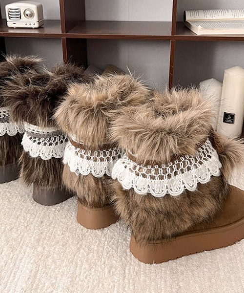 ファー付きレースモチーフ　ムートン厚底ブーツ