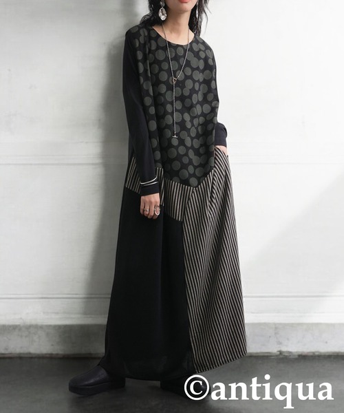 antiqua(アンティカ)の「柄切り替えワンピース(ワンピース・レディース・ブルー/ブラック・ONESIZE)」の1枚目の写真