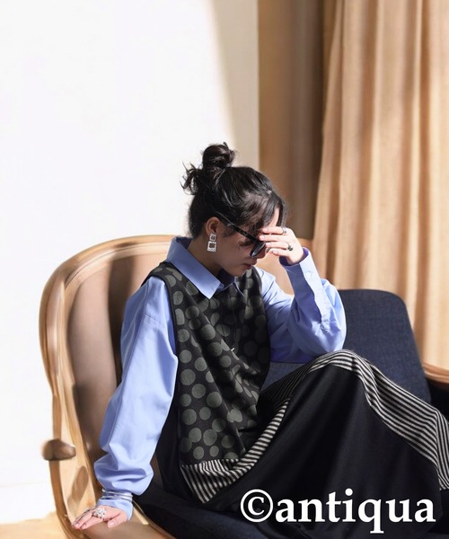 antiqua(アンティカ)の「柄切り替えワンピース(ワンピース・レディース・ブルー/ブラック・ONESIZE)」の9枚目の写真