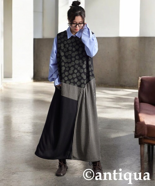 antiqua(アンティカ)の「柄切り替えワンピース(ワンピース・レディース・ブルー/ブラック・ONESIZE)」の11枚目の写真