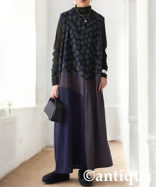 antiqua(アンティカ)の「柄切り替えワンピース(ワンピース・レディース・ブルー/ブラック・ONESIZE)」の14枚目の写真