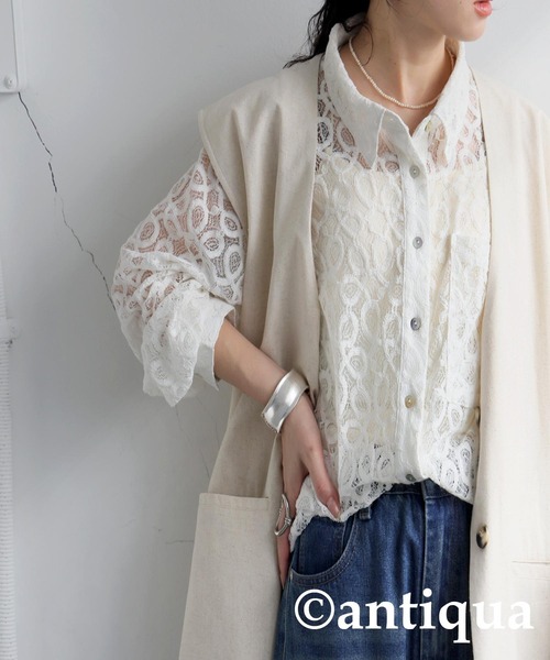 antiqua(アンティカ)の「レースシャツ(シャツ/ブラウス・レディース・ブラック/オフホワイト・ONESIZE)」の4枚目の写真