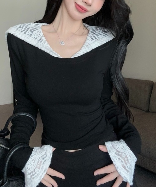 LADY LIKE(レディライク)の「レースドッキング配色フーディ(Tシャツ/カットソー・レディース・ブラック・M)」の13枚目の写真