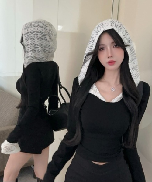 LADY LIKE(レディライク)の「レースドッキング配色フーディ(Tシャツ/カットソー・レディース・ブラック・M)」の12枚目の写真