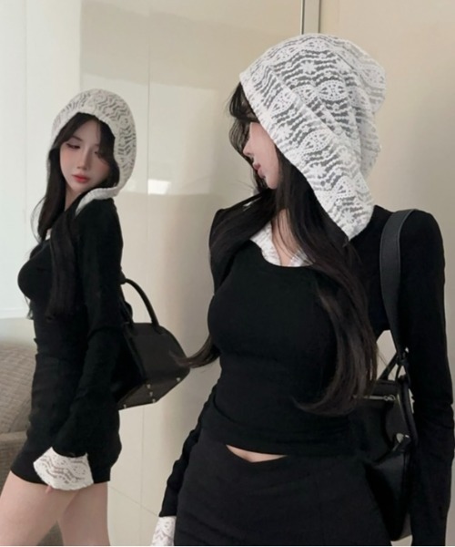 LADY LIKE(レディライク)の「レースドッキング配色フーディ(Tシャツ/カットソー・レディース・ブラック・M)」の11枚目の写真